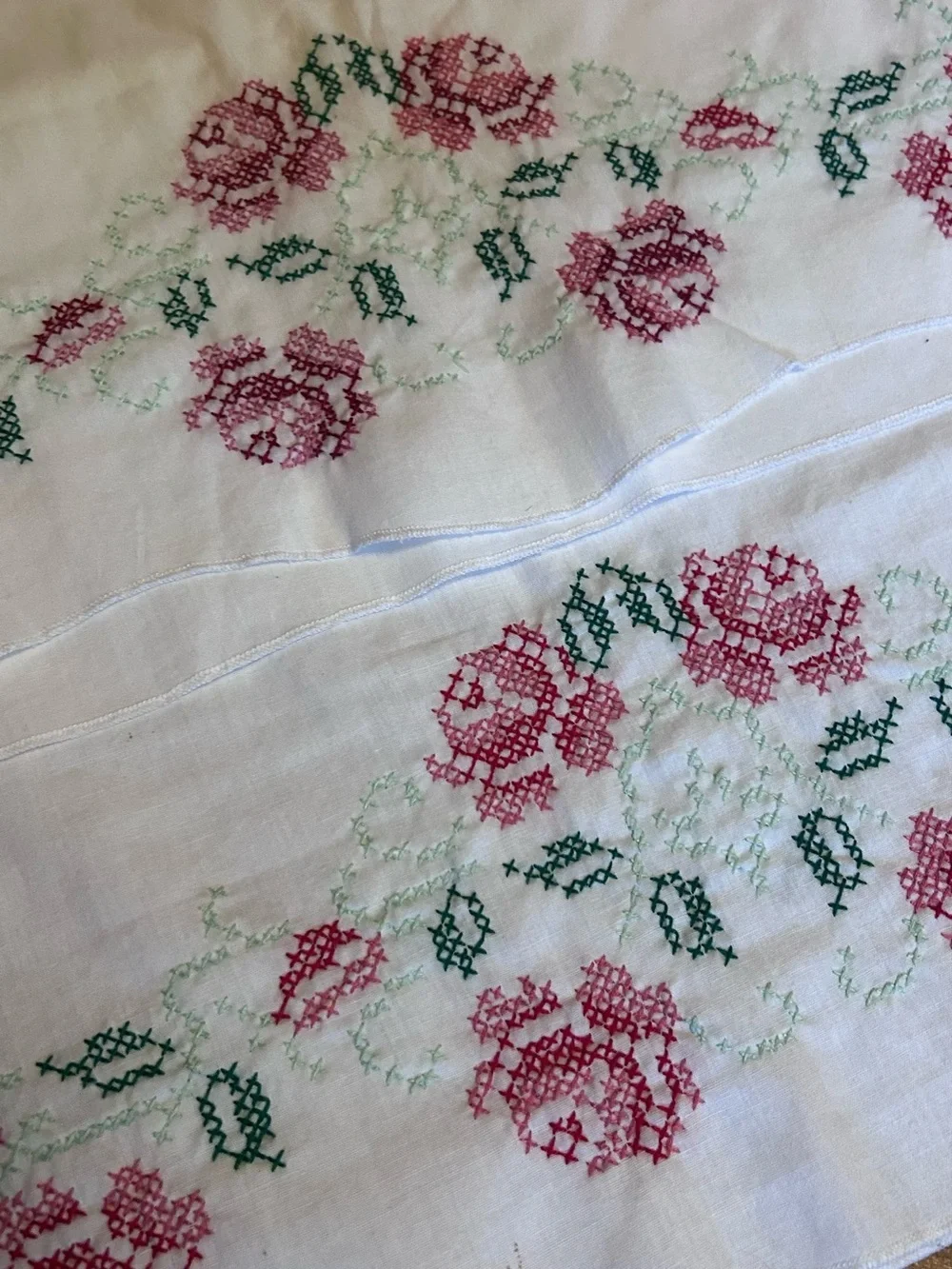 Vintage White Pillowcases with Pink Rose Embroidery